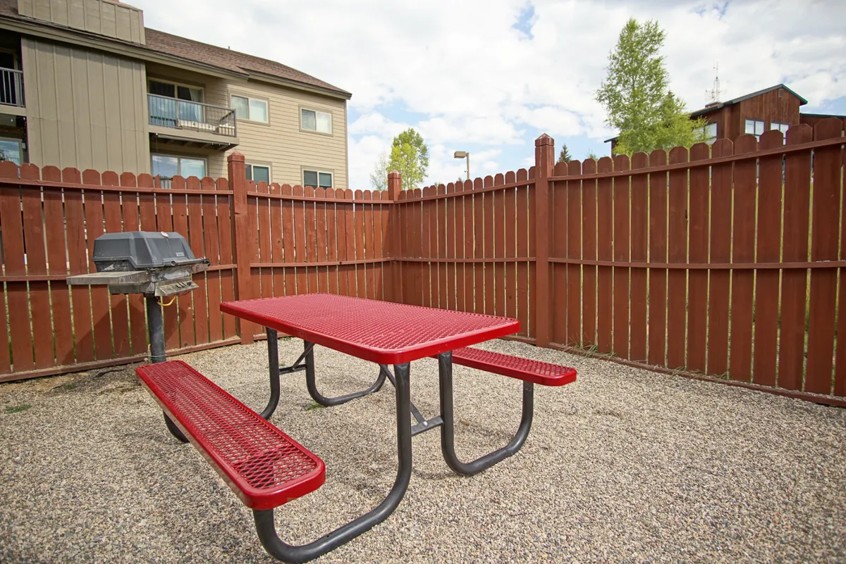 An outdoor area featuring a red picnic table, a barbecue grill, and a fenced section of lawn. The setting is casual and friendly, inviting families to enjoy a sunny day grilling and dining outdoors together.