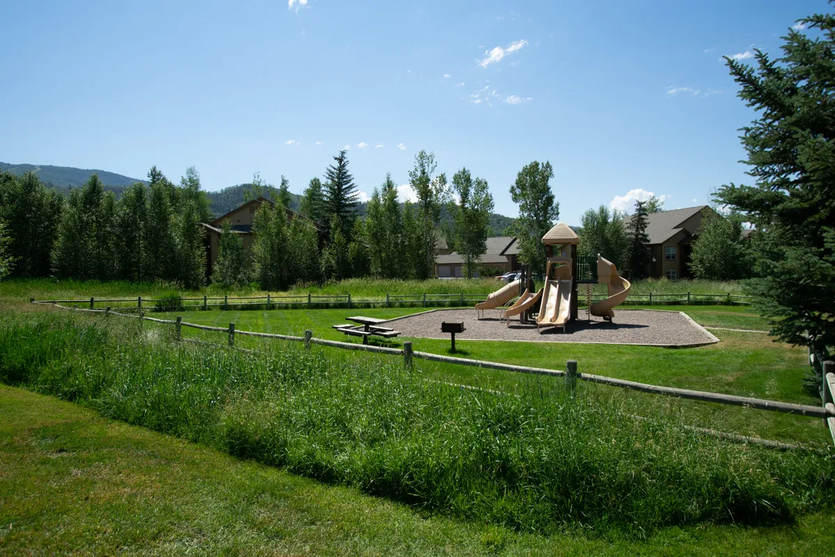 A vibrant playground equipped with modern play structures and picnic areas, surrounded by lush greenery. Children are seen playing, while families gather for picnics and celebrations in a joyful, safe environment.